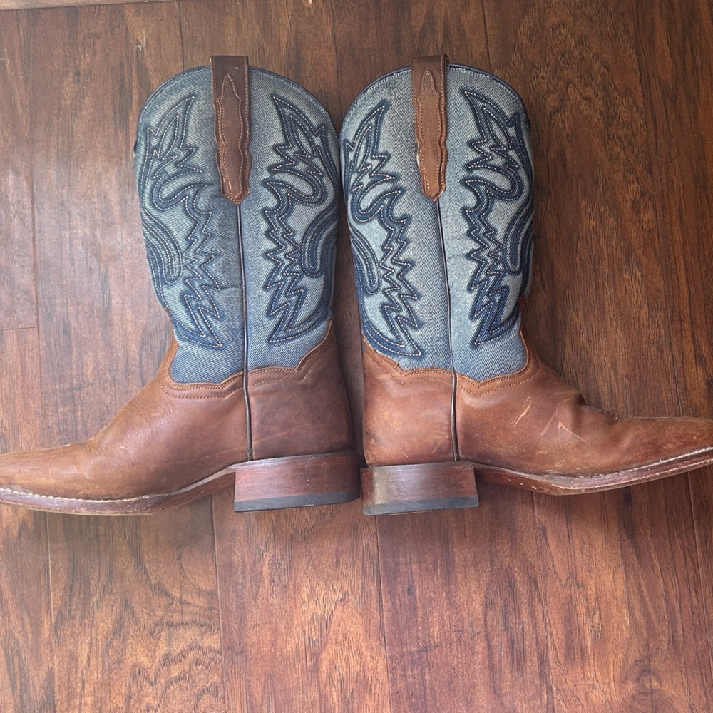 Women’s Square Toe Dan Post Brown Leather & Blue Denim Cowboy Boots Size 7.5